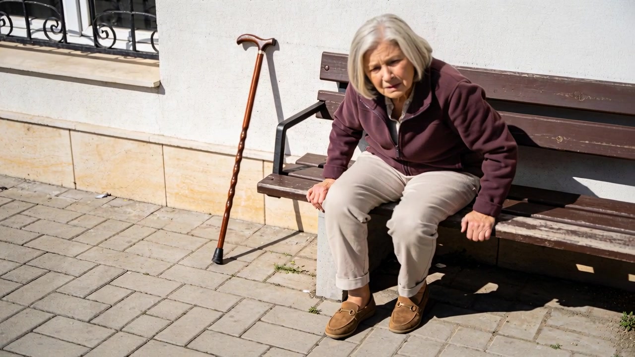 Donna anziana che si tiene, sentendo dolore al ginocchio, spostando il peso, appoggiando le mani su una panca in cortile con un bastone.