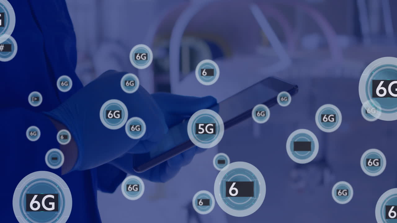 animación de una red de conexiones con iconos sobre un médico caucásico usando una tableta