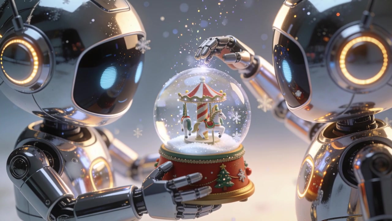 Toccando il robot cromato a destra che attiva una giostra all'interno di un globo in studio, il robot a sinistra tiene la base