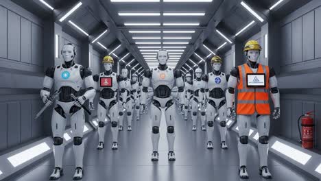 a line of advanced robots in uniformity: exploring the future of robotics in a high-tech environment with emphasis on safety and functionality
