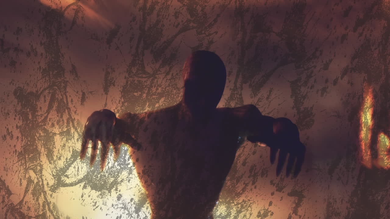 animación de formas que se mueven sobre zombies caminando en halloween