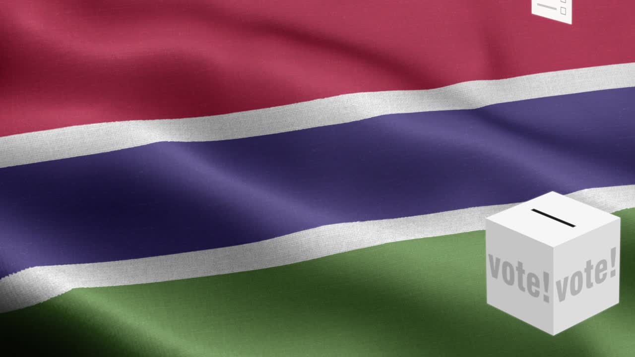 Ballots fly to box for Gambiya selection - Ballot box in front of flag - Election - Vote - Flag Of Gambiya - Gambiya Flag High Detail - National flag Gambiya wave Pattern loopable Elements - Fabric texture and endless loop