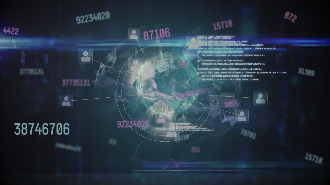 Multiple changing numbers over covid-19 cell spinning against globe and data processing