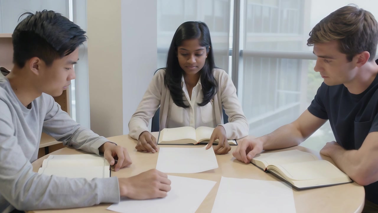 Pointing center student guiding peers arranging white sheets on round table in library, studying