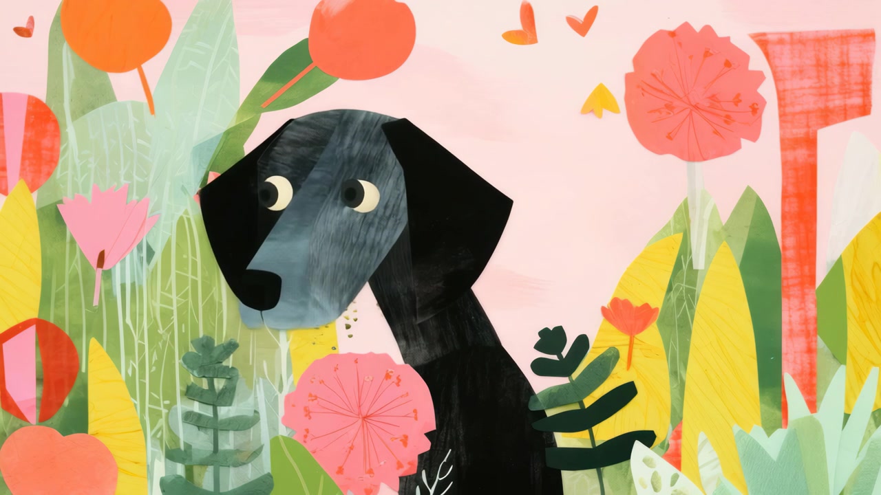 Ilustración animada de un perro negro en un jardín floral colorido