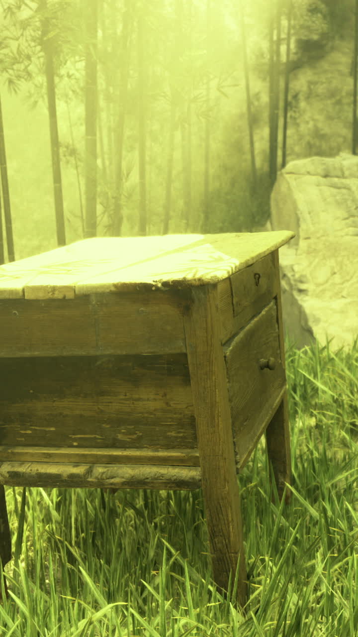 Wooden table placed in a serene natural environment surrounded by greenery