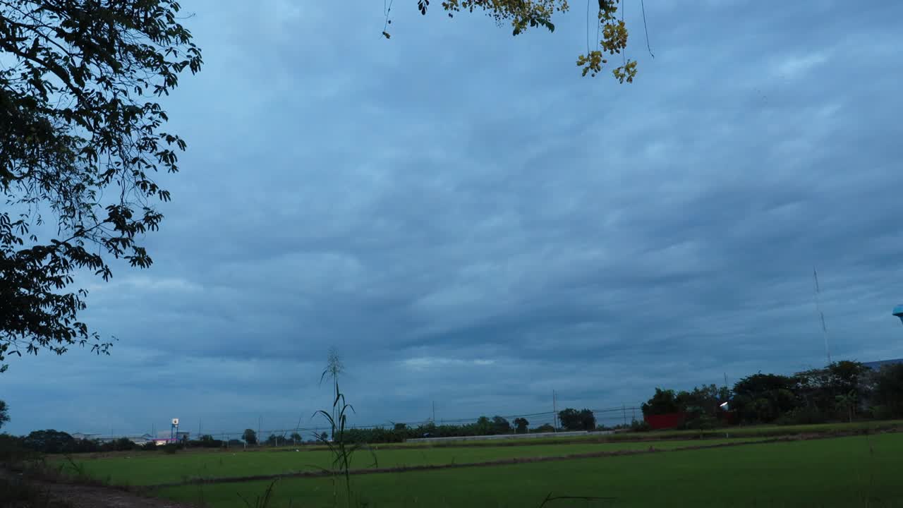 Moving cloud and blue sky over rice field in at evening Thailand, Time lapse