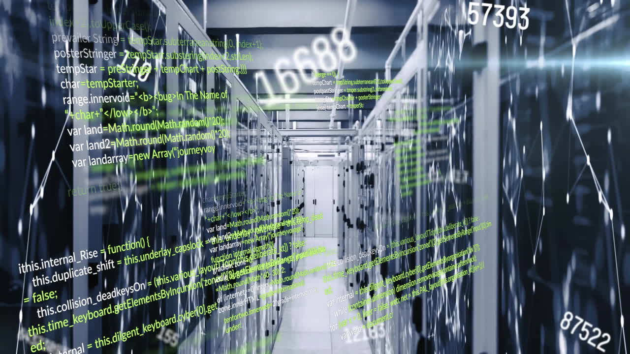 Animation of computer language, changing numbers over connected dots on data server systems