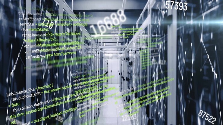 Animazione di linguaggio informatico, numeri che cambiano su punti collegati su sistemi di server dati.