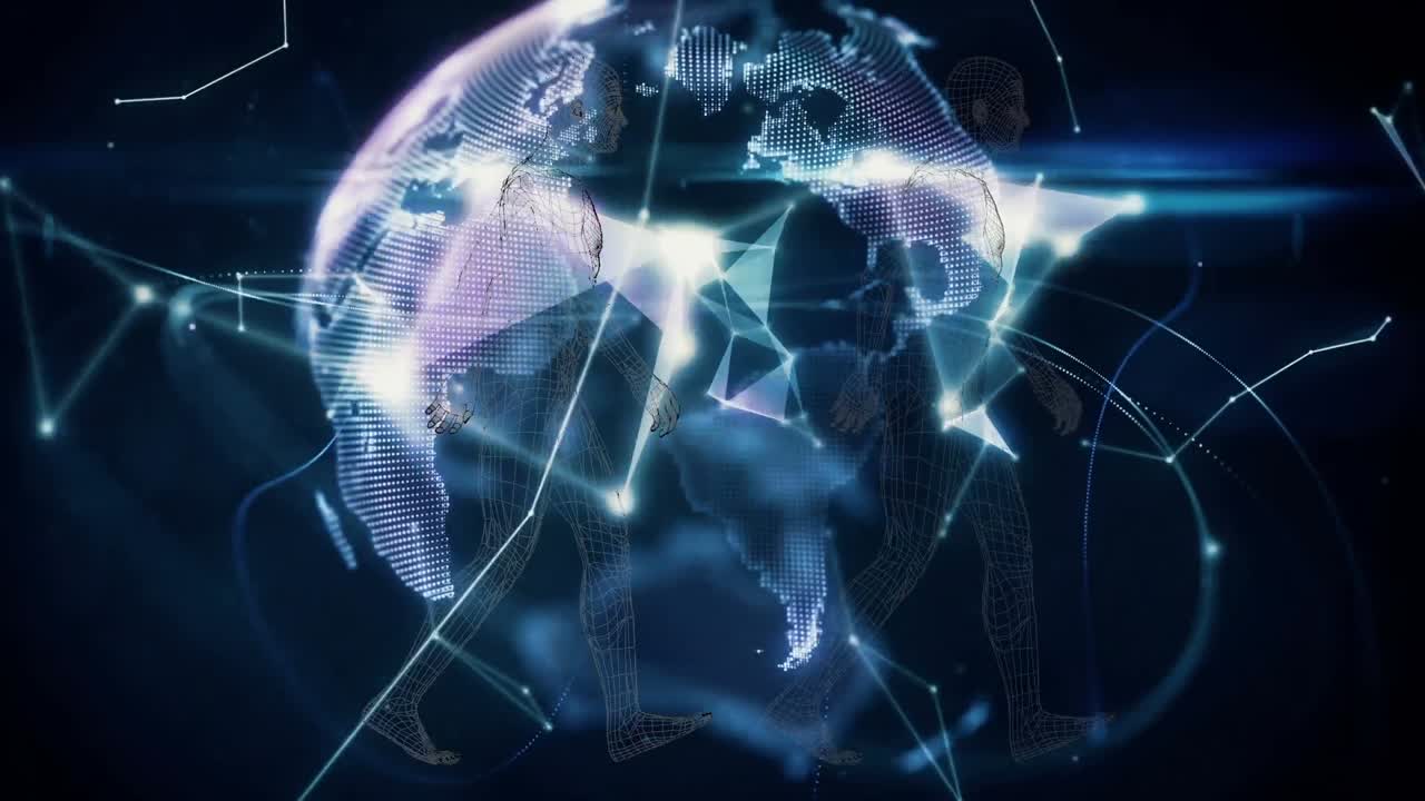 Animation of digital human model over hand holding globe on black background