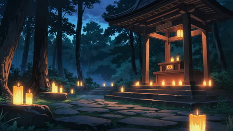 traditional japanese shrine illuminated by candles in a forest at night