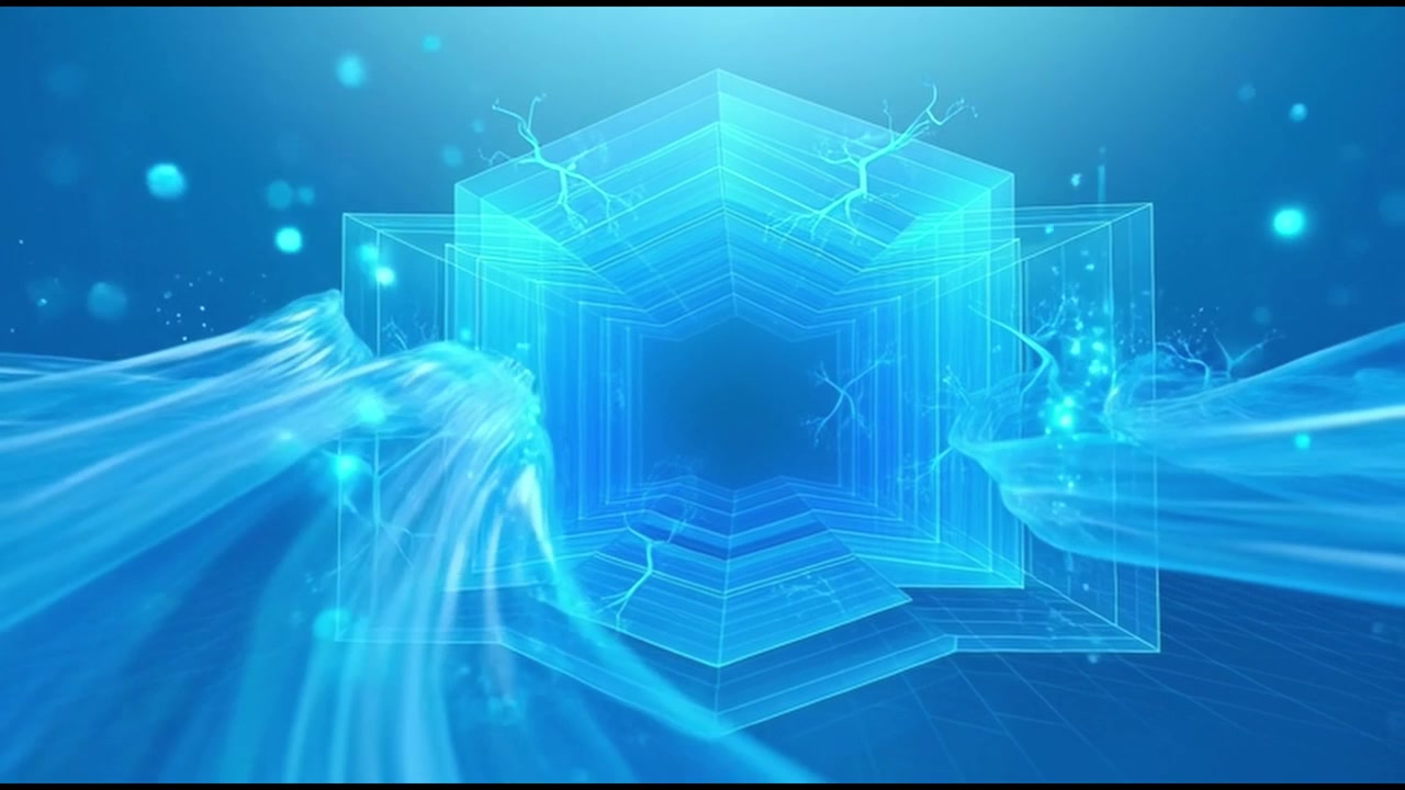 Abstract Blue Digital Tunnel with Flowing Light Particles