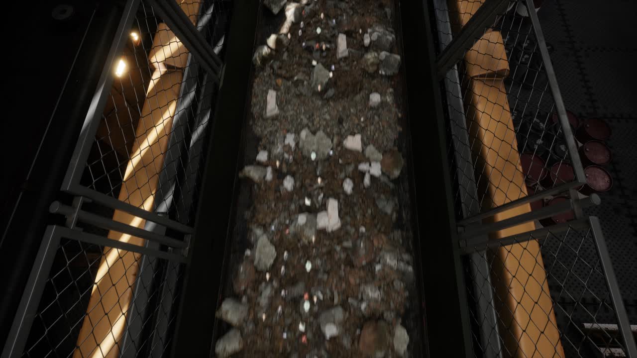 Transportation Of Copper Ore Carried Out In The Factory. Mining Industrial Conveyor At Ore Processing Factory