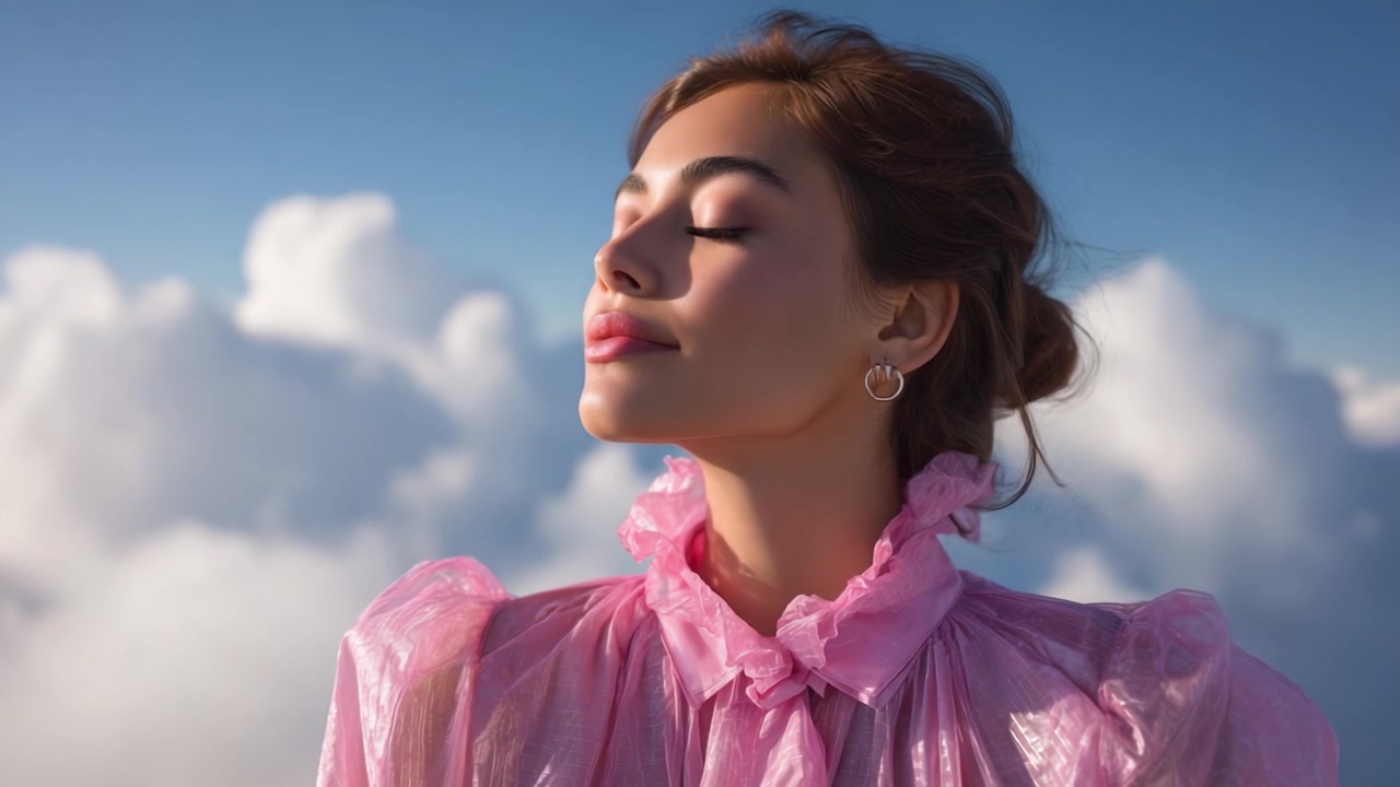 Una donna serena in abito rosa contro un cielo nuvoloso: che abbraccia tranquillità e bellezza tra lo splendore della natura e i colori tenui dell'atmosfera.
