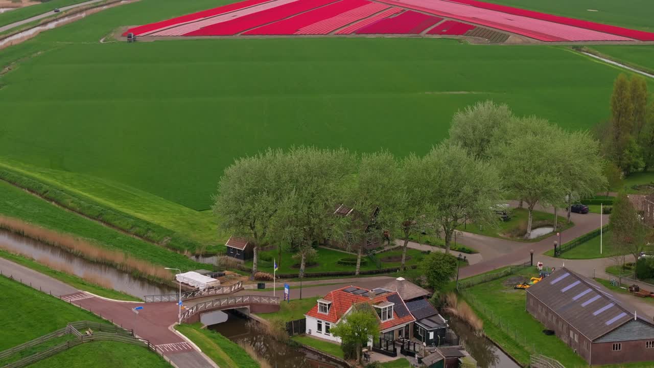 Vista aerea della campagna di Piaam con fiori in fiore in una giornata nuvolosa.