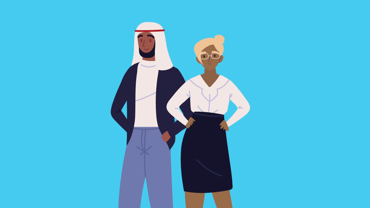 아랍과 아프로 노동자 커플 팀워크 애니메이션