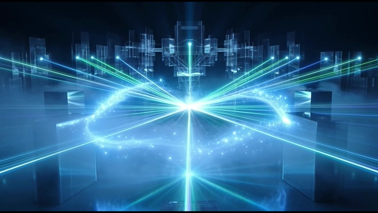 Abstract Digital Background with Glowing Blue Laser Beams and Particles