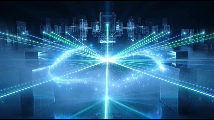 Abstract Digital Background with Glowing Blue Laser Beams and Particles