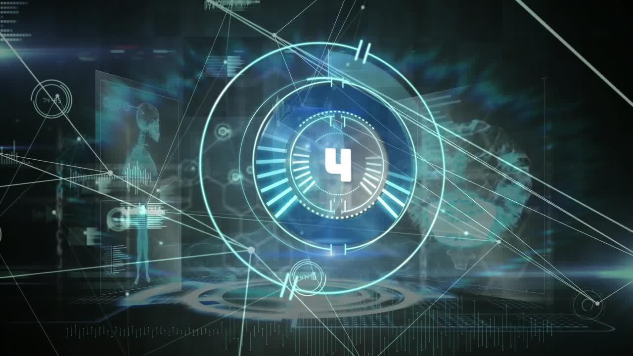 Animation of countdown over round scanner against medical data processing on blue background