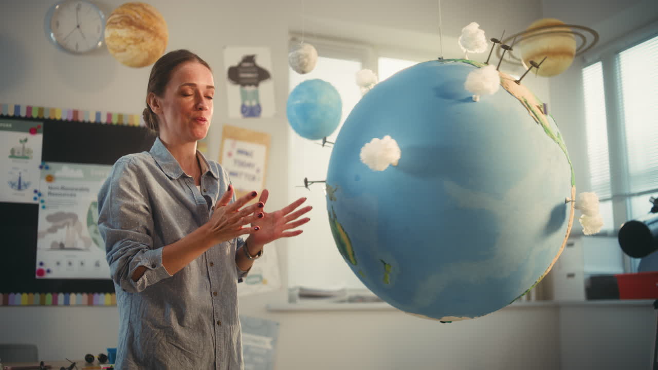 STEM Class Beautiful Female Teacher Starting Lesson Educating Geography to Elementary School