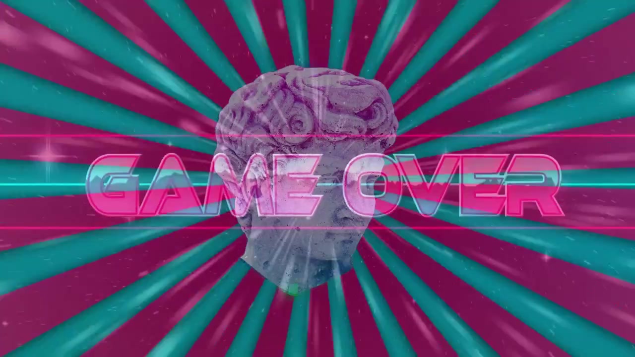 Dikey video: Turkuaz-macenta ışınları başlayarak neon GAME OVER yazısının bozulmasına ve oyunun bitmesine neden oluyor.
