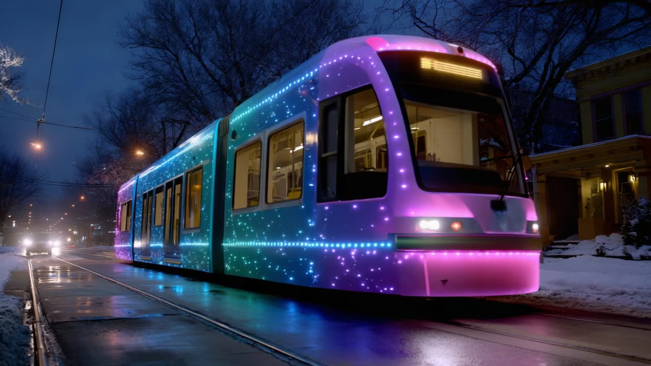 A dazzling illuminated tram adorned with vibrant LED lights travels through a snowy street at night, showcasing an enchanting display of colors and patterns that transform the urban landscape into a magical scene