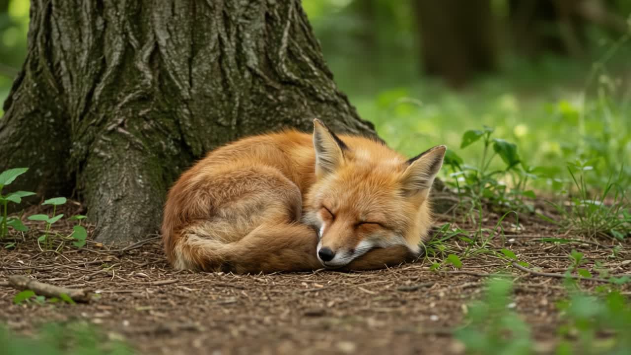 A Serene Fox Nestled Against a Tree, Blissfully Sleeping in the Underbrush of a Lush Green Forest, Captured in a Tranquil Moment of Rest and Peace