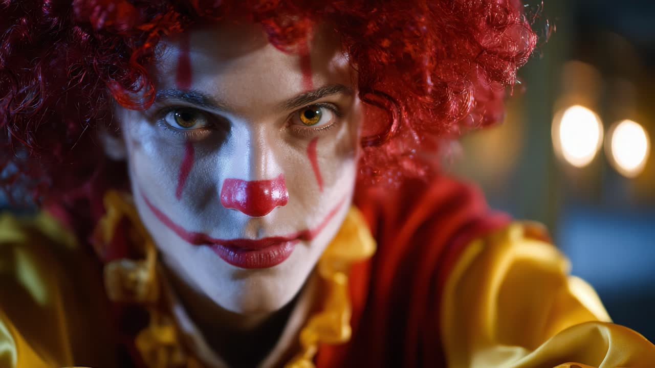 Mysterious and Captivating Clown with Striking Makeup and Vibrant Costume Capturing Attention in Eerie Atmosphere of Light and Shadow