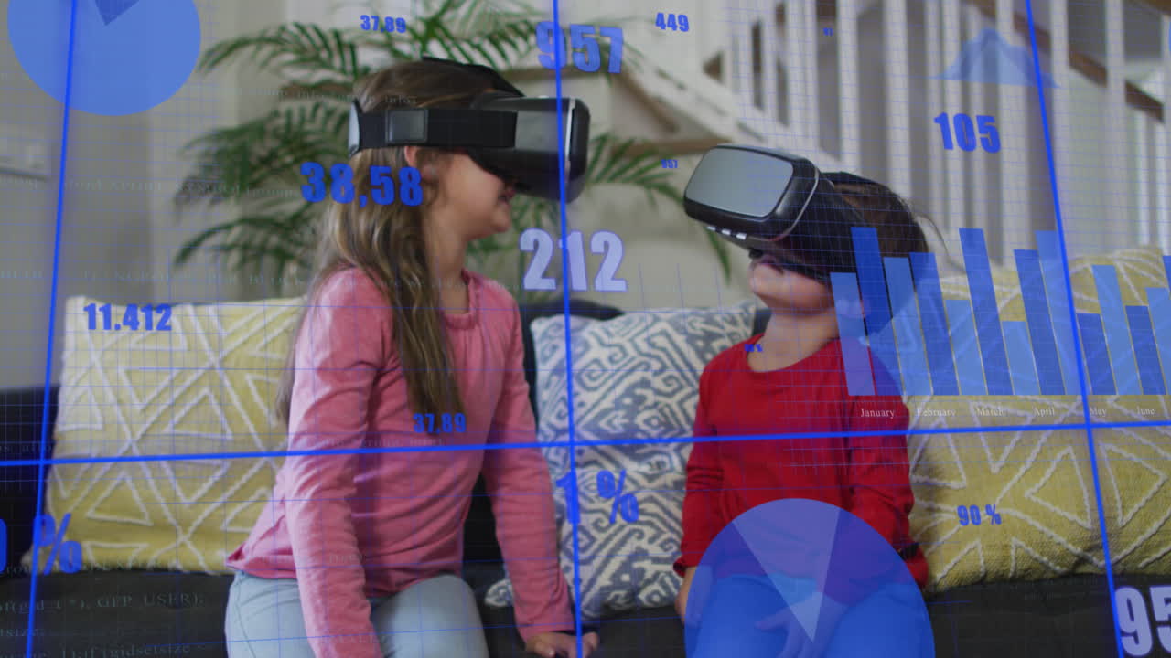 animación del procesamiento de datos financieros sobre niños caucásicos usando auriculares vr