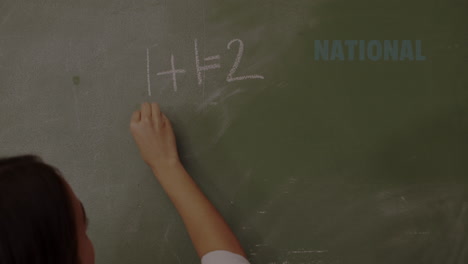 animation of national mentoring month text over biracial teacher writing on blackboard