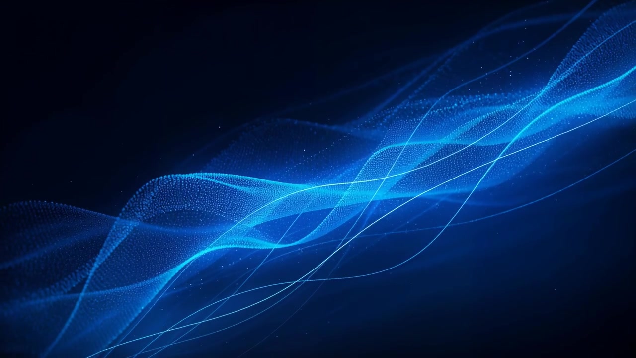 Emerging on arrival, blue mesh ribbon thin strands sweeping across navy backdrop, trailing specks