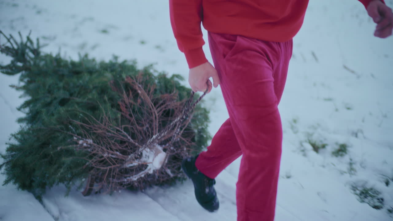 Hombre tirando de un árbol de Navidad en un paisaje cubierto de nieve