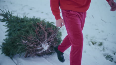 Man-pulling-Christmas-tree-on-snow-covered-landscape