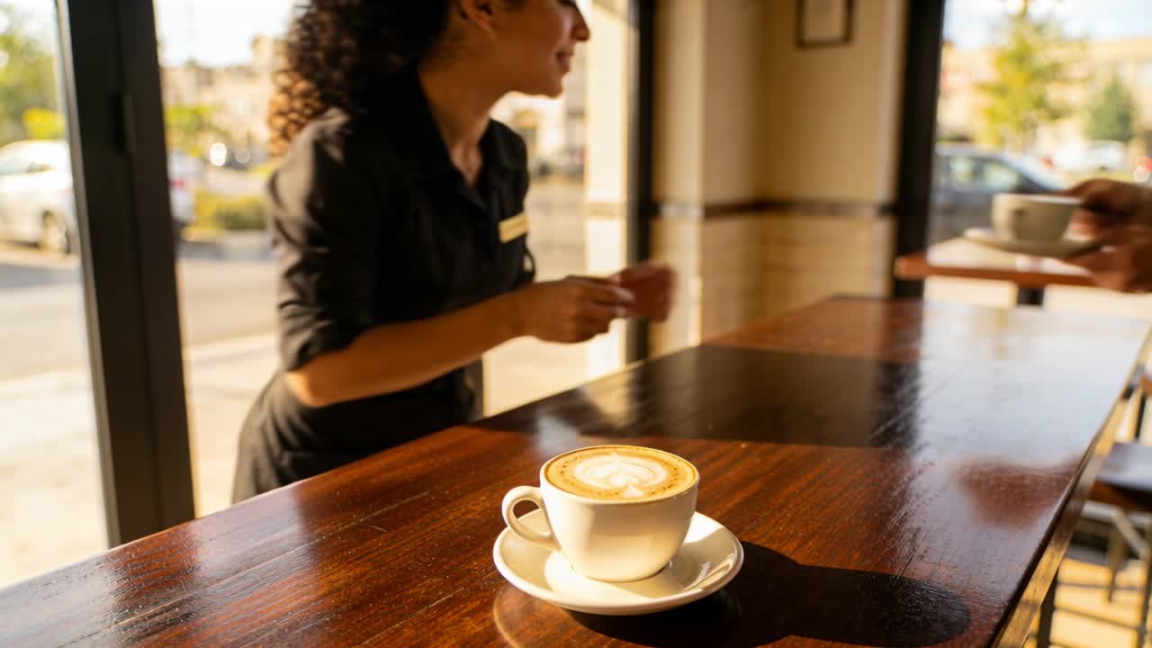 Servizio di una tazza bianca con latte art, un barista con camicia scura e targhetta prende la tazza da un cliente al bancone