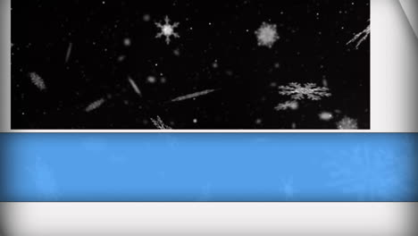 animación de paneles azules y blancos que se abren sobre copos de nieve blancos que flotan sobre un fondo negro