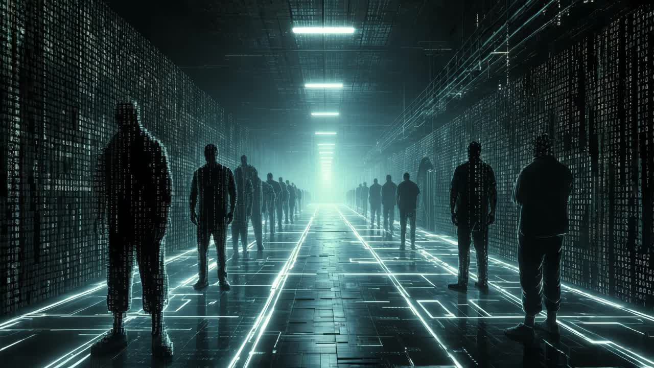 People in a Futuristic Cyberpunk Corridor