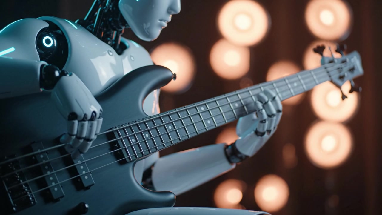 Yumuşak aydınlatma altında bas gitar çalan, ileri teknolojiyi ve sanatsallığı sergileyen, müziği inovasyon ve yaratıcılıkla harmanlayan fütüristik bir robot