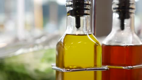 close up of olive bottle in kitchen ,