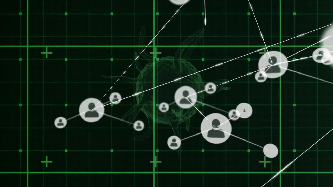 Network of profile icons over grid network against covid-19 cell spinning on black background