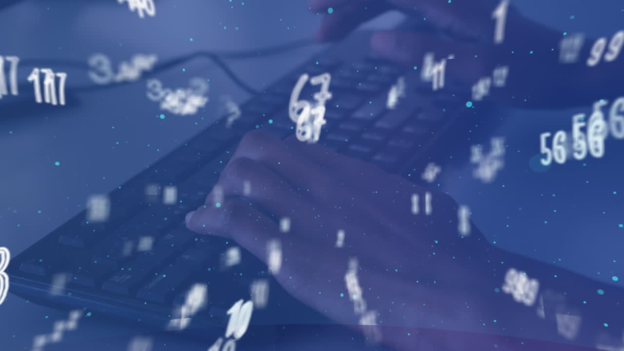 배경에서 키보드에 타이핑하는 사람과 대조적으로 떠다니는 여러 수학 숫자와 기호