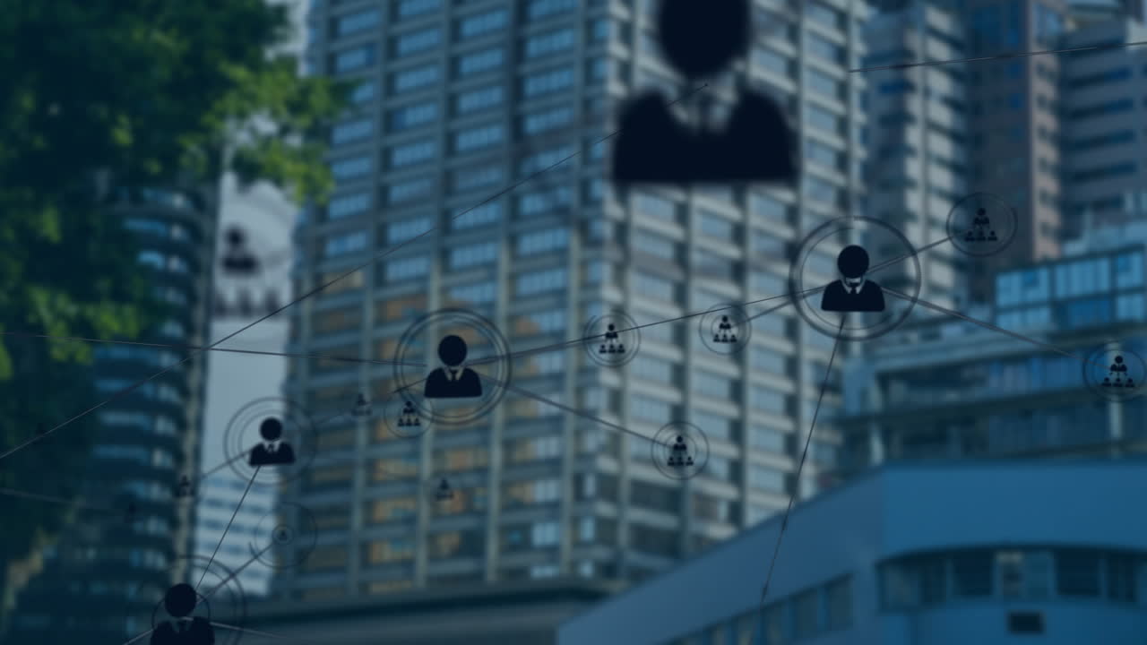 도시 풍경에 대한 연결 네트워크 및 데이터 처리 애니메이션