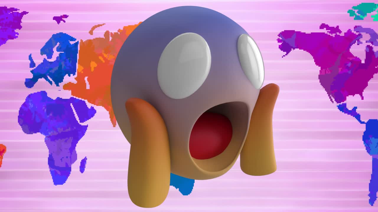 세계 지도 위에 충격을 받은 이모티콘의 애니메이션