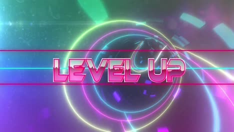 animation of level up text with geometric shapes over circular tunnel against abstract background