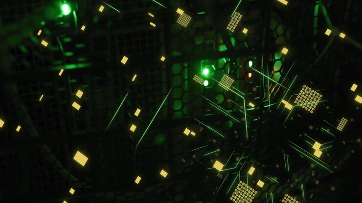 Animazione di un circuito stampato e dell'elaborazione dei dati su server di computer.