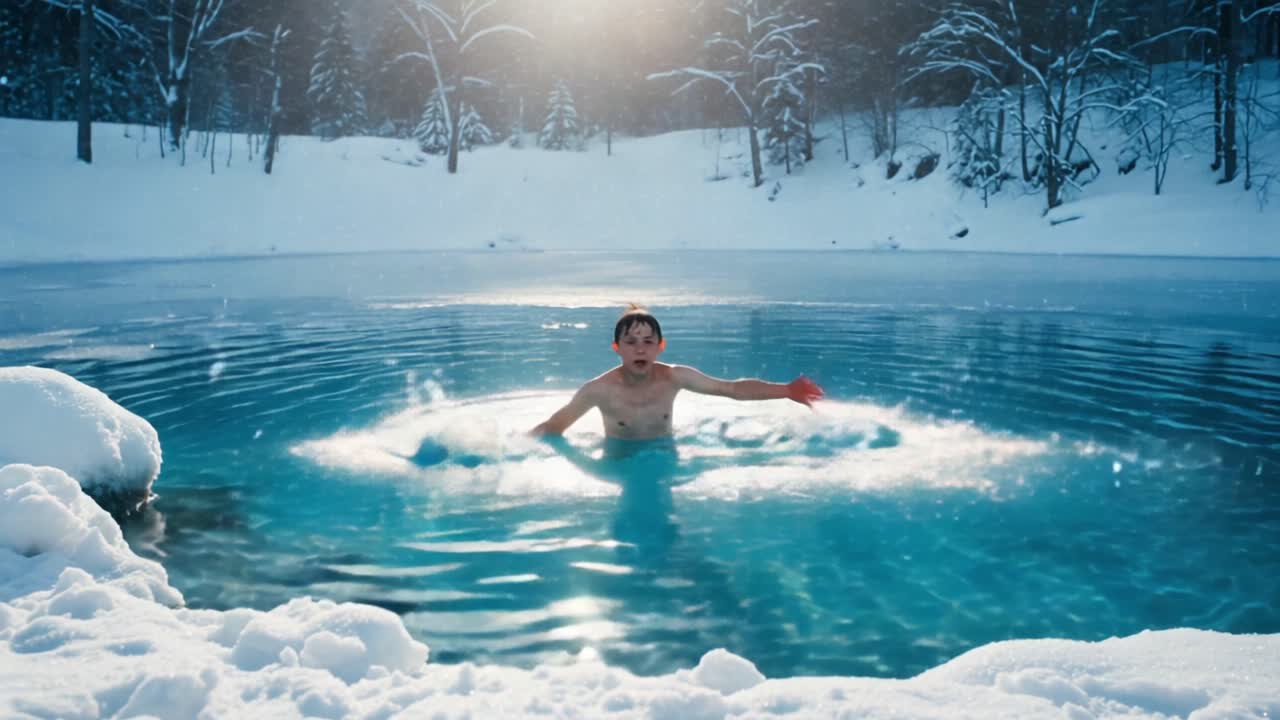 A Brave Winter Swim: A Young Man Embraces the Icy Waters Surrounded by Snowy Landscapes and Sparkling Flurries of Snow in a Magical Winter Scene