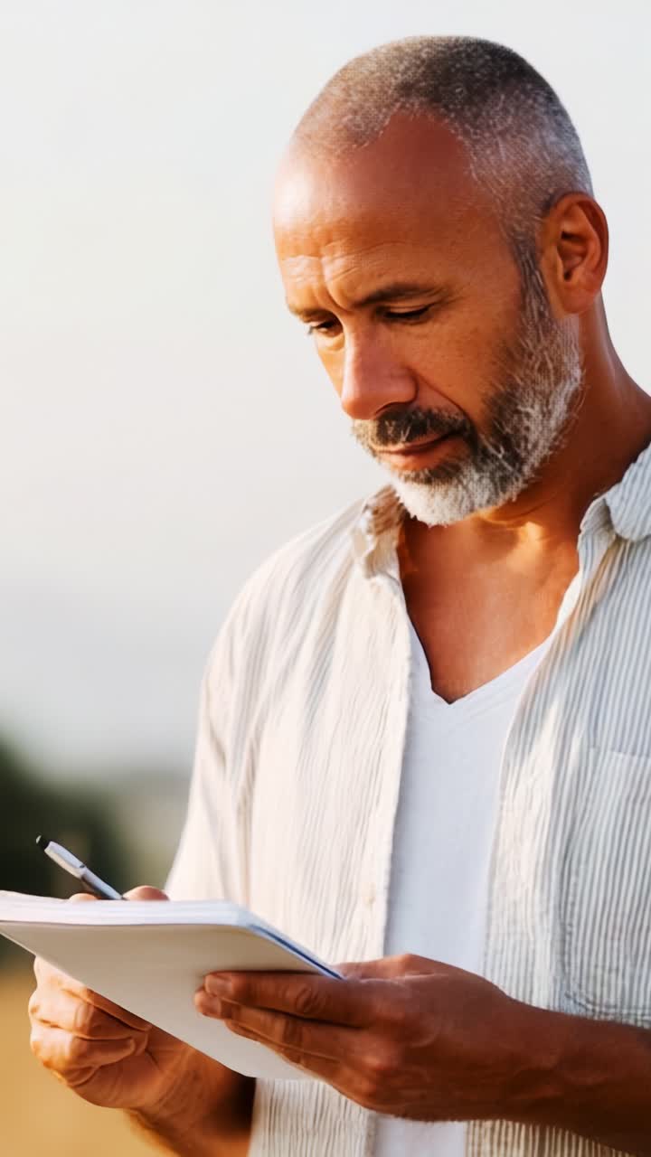 Thoughtful man writing notes outdoors, absorbed in reflection, capturing ideas in a serene environment under soft natural light, showcasing concentration and creativity