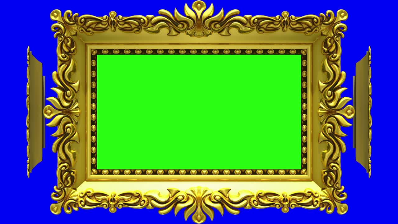 Ornate gold picture frames rotate in a circle on blue background, chroma key. Seamless loop, 3D animation with tv noise and green screen.