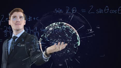 Animation-of-Caucasian-man-presenting-3D-globe-model-with-mathematics-formulae-icons-on-black-backgr