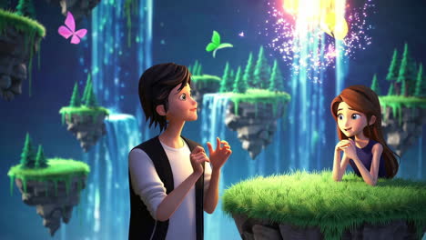 animated characters in a magical fantasy world with floating islands and waterfalls