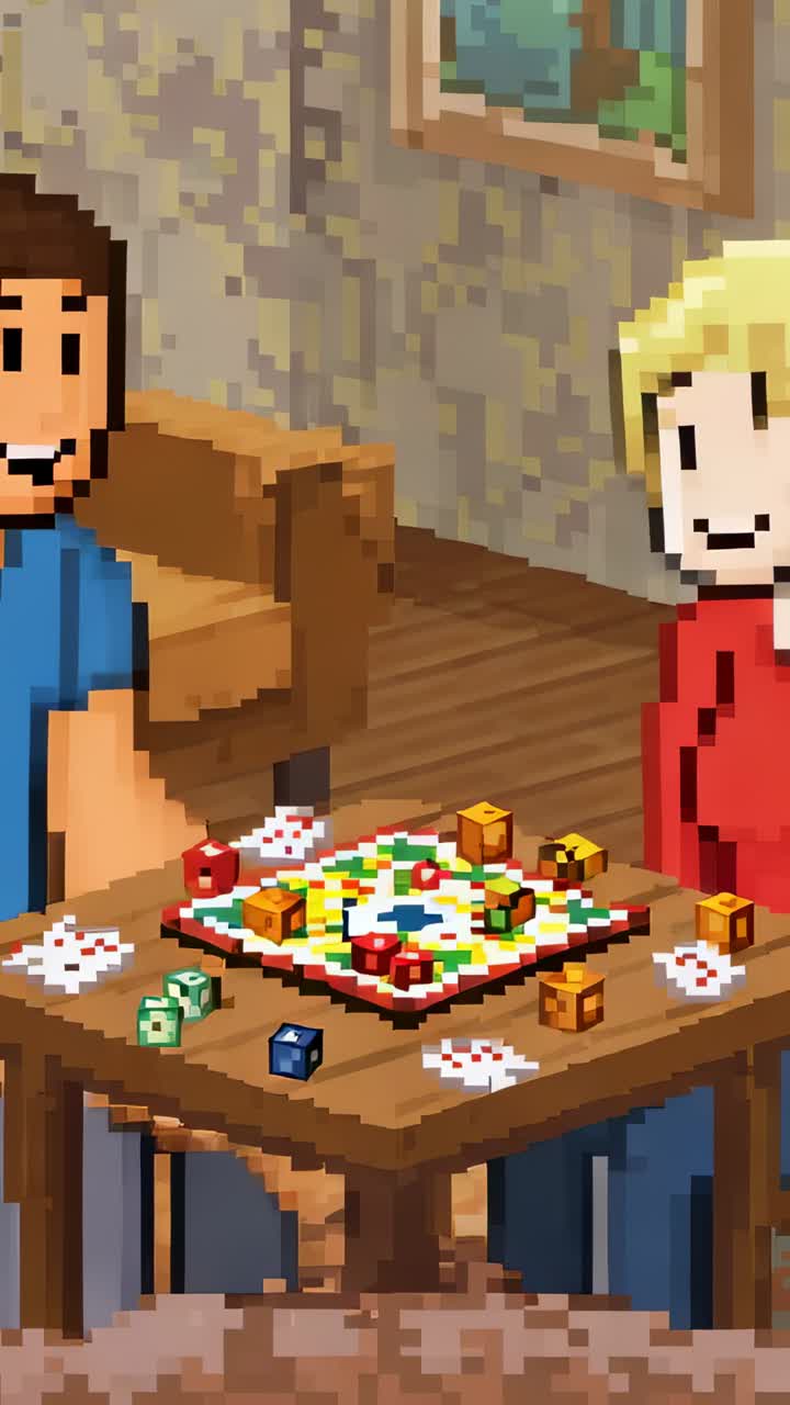 Video verticale: due adulti che si danno il cinque dopo una vittoria in casa, maglietta blu, top rosso, con tavola e dadi